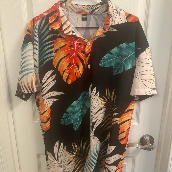 NFINITY Men's Tropical Leaf Print Shirt - Black, Orange, Green - Picture 1 of 3